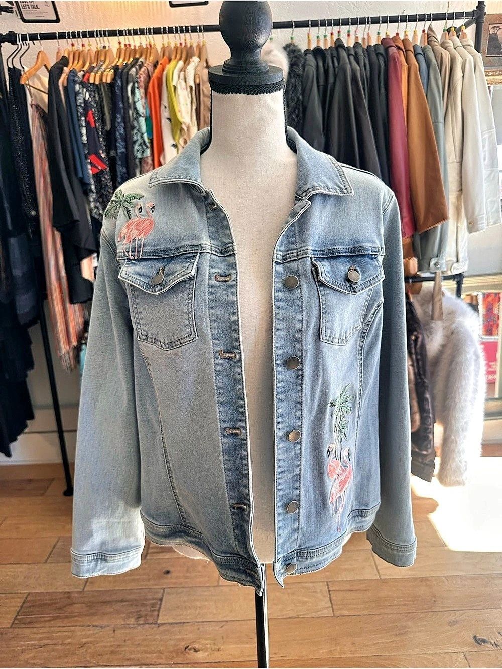 Chico's Embroidered Flamingo Denim Jacket, Light Wash